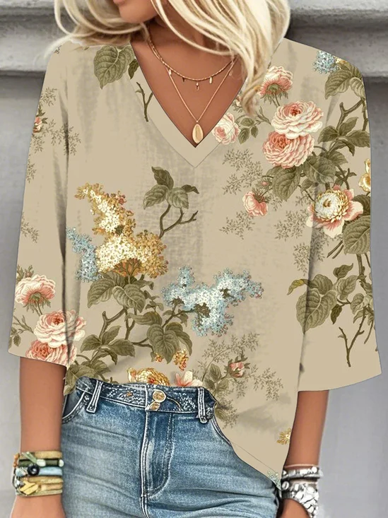 Loose Floral Casual V Neck Blouse