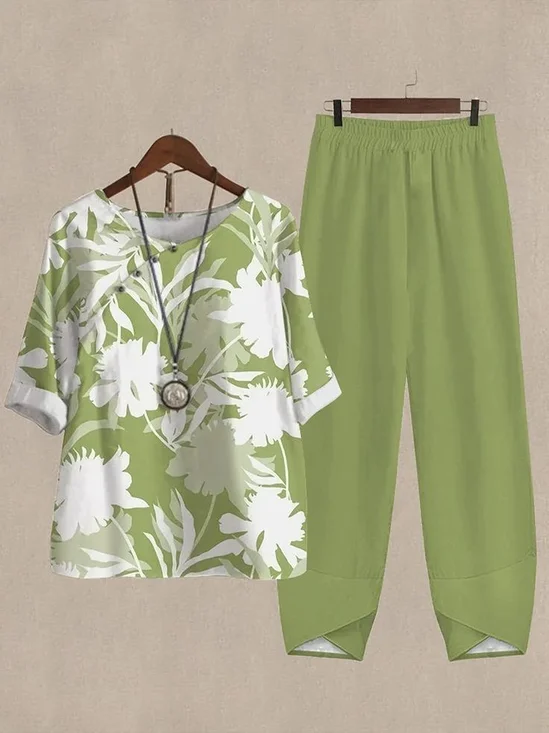 Women's Printing Floral Daily Going Out Two-Piece Set Green Casual Summer Top With Pants Matching Set