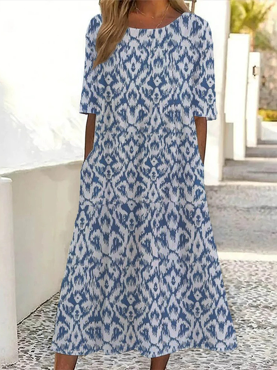 Women's Short Sleeve Summer Blue Floral Printing Crew Neck Daily Going Out Casual Maxi H-Line Shift Dress Dress