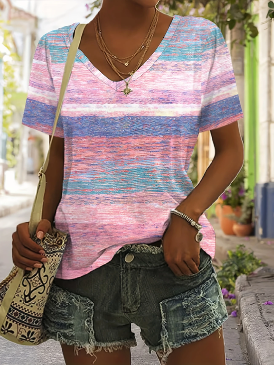 Casual Striped V Neck Cotton T-Shirt