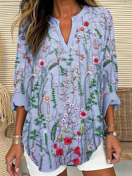Women's Floral Print Casual V-Neck Shirt