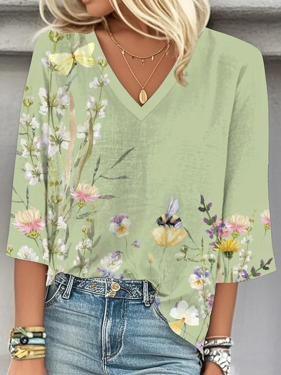 Casual V-neck Spring Print Mid-Sleeve Top