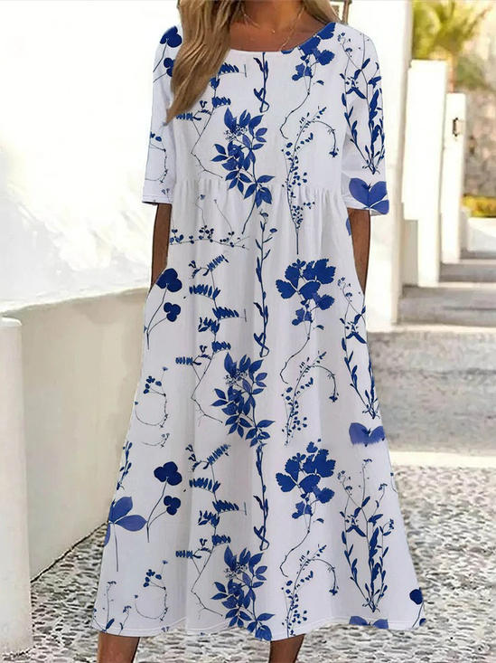Women's Short Sleeve Summer White Floral Printing Crew Neck Daily Going Out Casual Maxi H-Line Shift Dress Dress