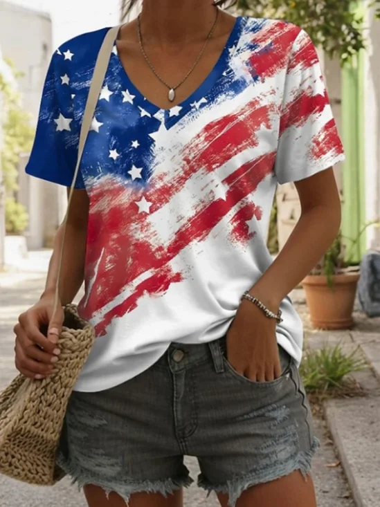 Crew Neck America Flag Casual Cotton T-Shirt