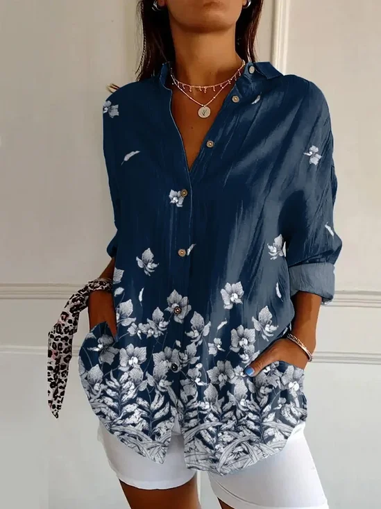 Women's Long Sleeve Shirt Spring/Fall Purplish blue Floral Buckle Shirt Collar Daily Going Out Casual Top