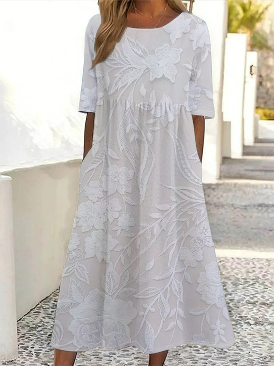 Women's Short Sleeve Summer White Floral Printing Crew Neck Daily Going Out Casual Maxi H-Line Shift Dress Dress