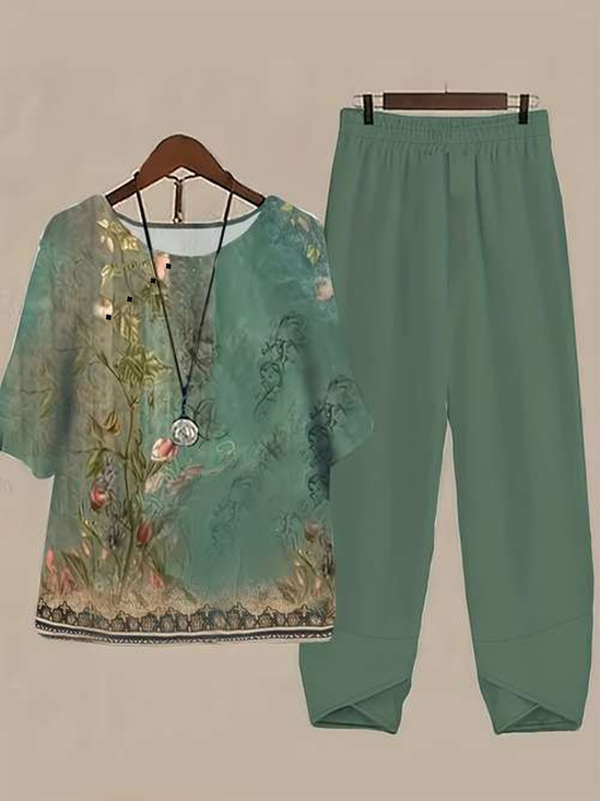 Women's Printing Floral Daily Going Out Two-Piece Set Green Casual Summer Top With Pants Matching Set