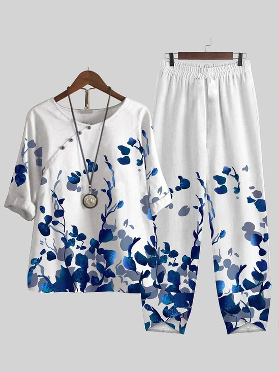 Women's Printing Floral Daily Going Out Two-Piece Set White Casual Summer Top With Pants Matching Set