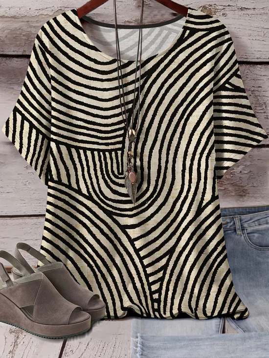 Linen Simple Striped Dolman Sleeve T-Shirt