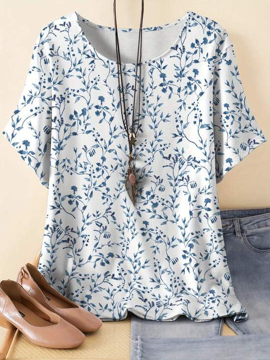 Loose Crew Neck Dolman Sleeve Linen Simple T-Shirt