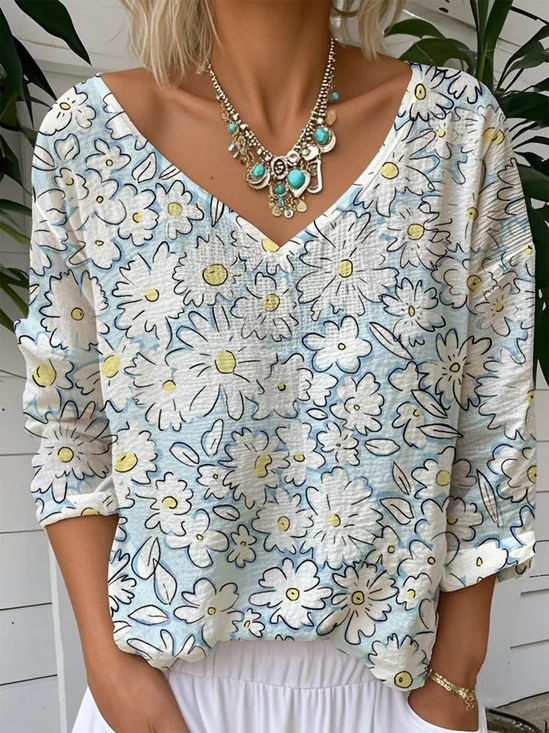 Print Casual V Neck Long Sleeve T-Shirt