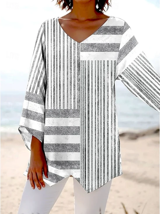 V Neck Cotton Striped Elegant Blouse