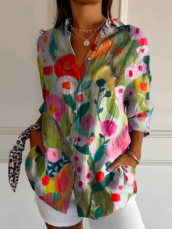 Women's Long Sleeve Shirt Spring/Fall As Picture Floral Buckle Shirt Collar Daily Going Out Casual Top