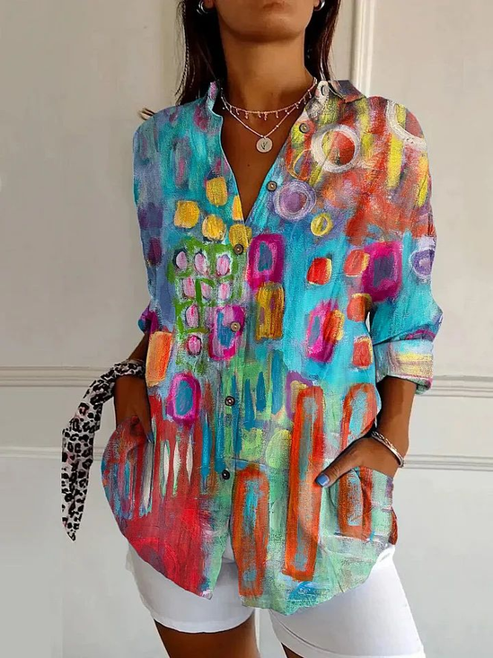 Women's Long Sleeve Shirt Spring/Fall As Picture Abstract Buckle Shirt Collar Daily Going Out Casual Top