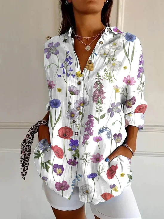 Women's Long Sleeve Shirt Spring/Fall White Floral Buckle Shirt Collar Daily Going Out Casual Top