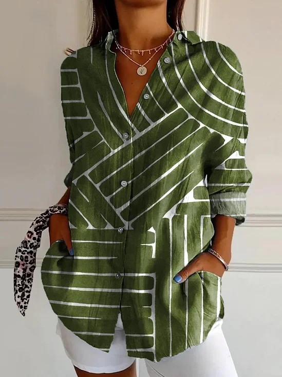 Women's Long Sleeve Shirt Spring/Fall Green Striped Buckle Shirt Collar Daily Going Out Casual Top
