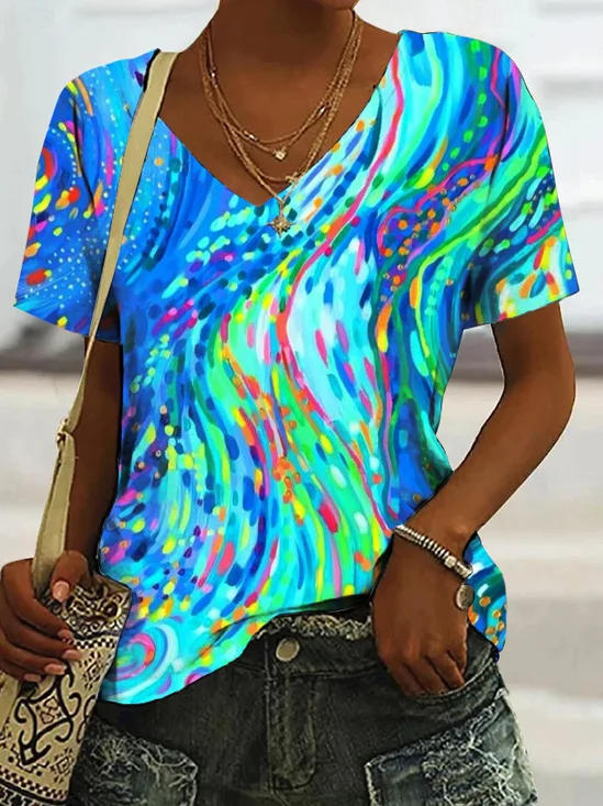 V Neck Abstract Graphic Cotton Casual T-Shirt