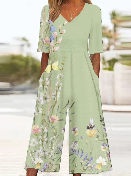 Loose Vintage Botanical Pattern V Neck Jumpsuit