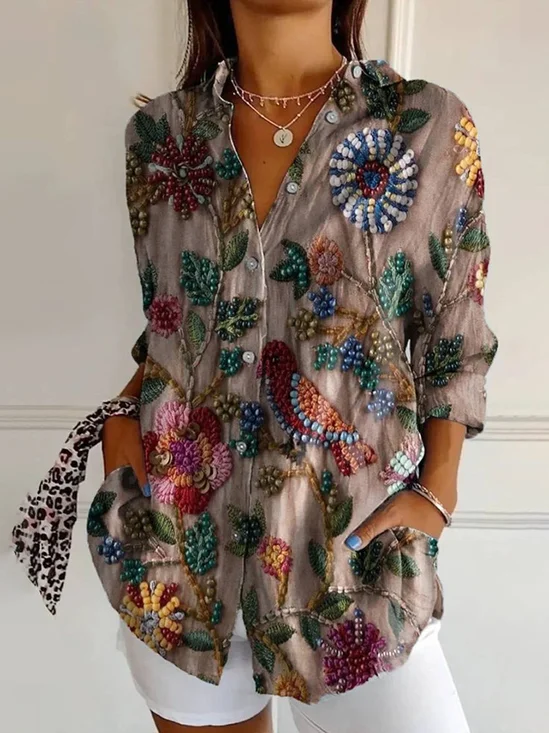 Women's Long Sleeve Shirt Spring/Fall Brown Floral Buckle Shirt Collar Daily Going Out Casual Top