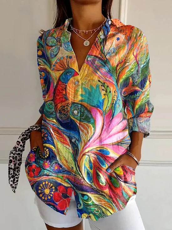 Women's Long Sleeve Shirt Spring/Fall As Picture Phoenix Buckle Shirt Collar Daily Going Out Casual Top
