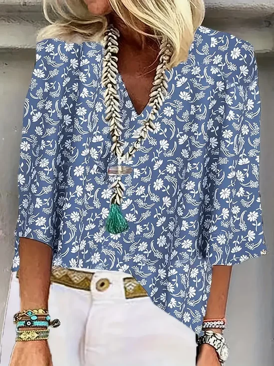 Plants Shawl Collar Casual Cotton Blouse