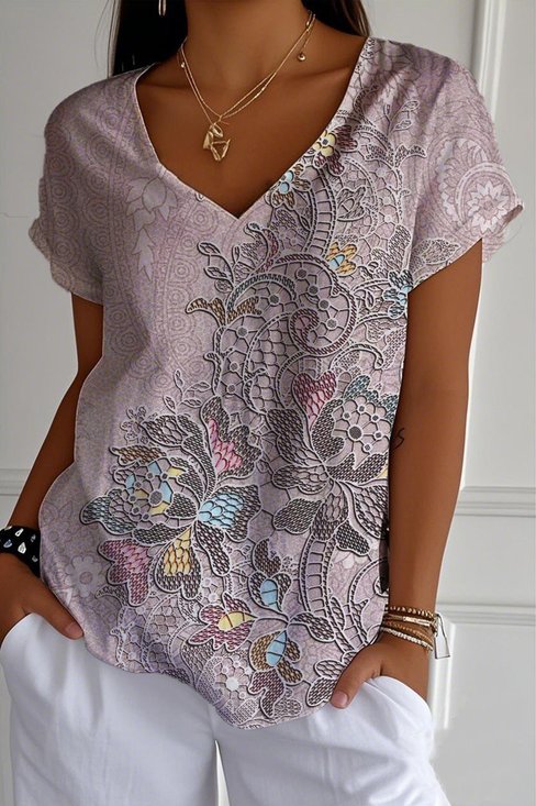 Jersey Paisley V Neck Casual T-Shirt
