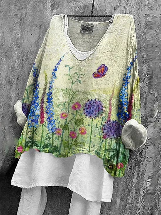Women's Long Sleeve Blouse Spring/Fall Green Floral Printing V Neck Daily Going Out Casual Top
