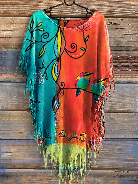 Women's Vintage Floral Bird Art Print Batwing Tassel Fringed Poncho Shirt