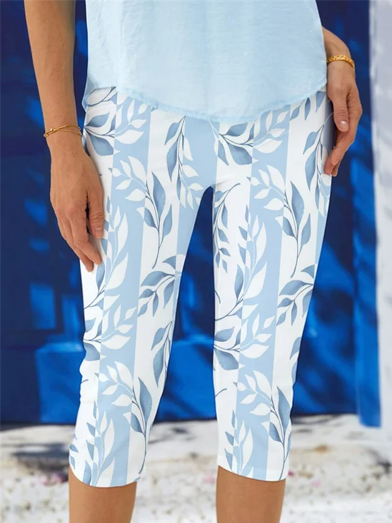 Floral Striped Spring Print Casual Leggings
