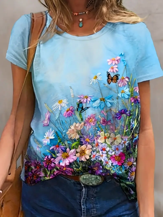 Women's Floral Print Casual Crew Neck Short Sleeve T-Shirt