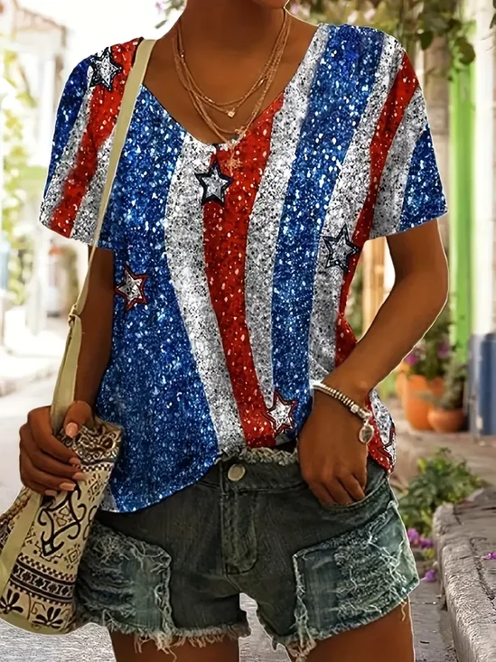 Women's Independence Day Printed Casual V-Neck Short Sleeve T-Shirt