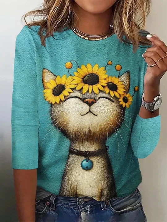 Women's Retro Pop Art Cat Long Sleeve Top