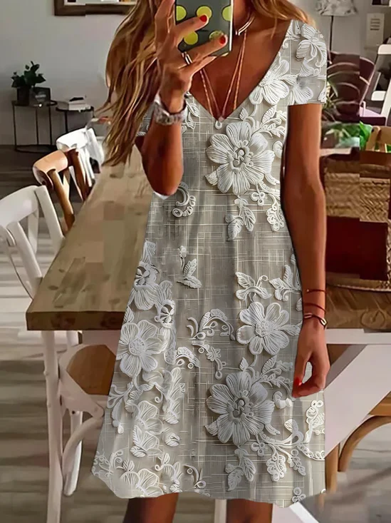 Women's Floral Print Casual V-Neck Short Sleeve Dress
