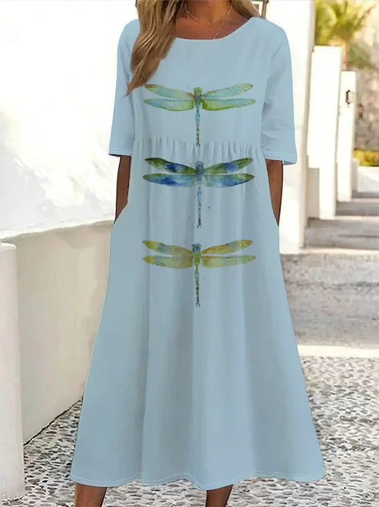 Women's Short Sleeve Summer White Dragonfly Printing Crew Neck Daily Going Out Casual Maxi H-Line Shift Dress Dress