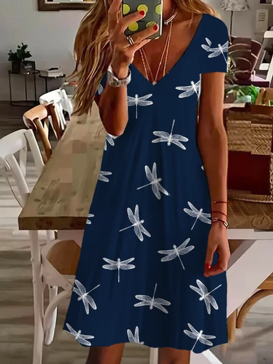 Women's Dragonfly Print Casual V-Neck Short Sleeve Dress