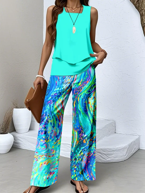 Gradient Pattern Regular Fit Casual Crew Neck Two-Piece Set With No