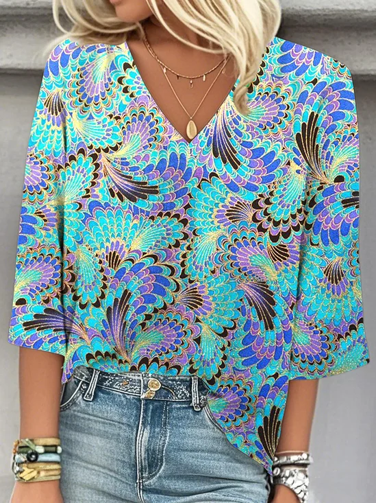 V Neck Casual Ombre Loose Blouse