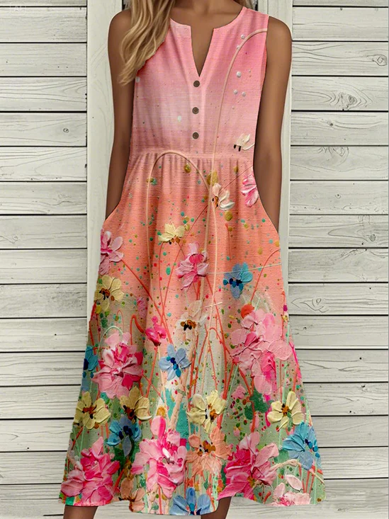 Loose Floral Casual Buckle Dress With No