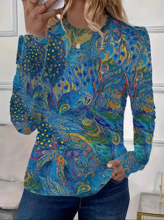 Women's Abstract Print Casual Round Neck Long Sleeve T-Shirt