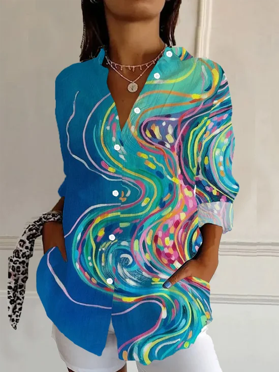Women's Long Sleeve Shirt Spring/Fall Blue Abstract Buckle Shirt Collar Daily Going Out Casual Top
