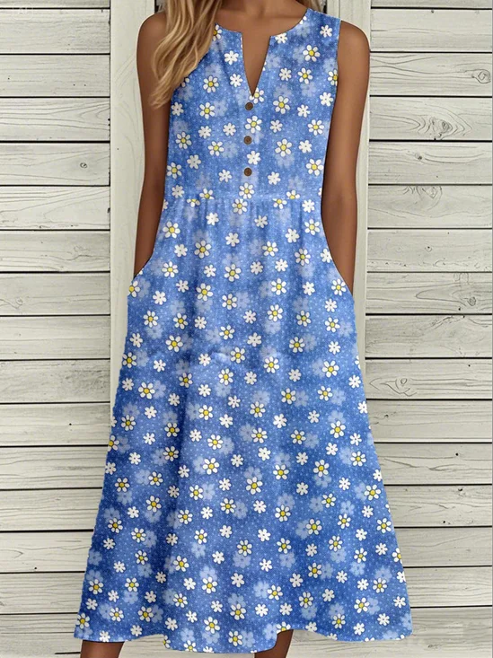 Casual Notched Floral Loose Dress With No