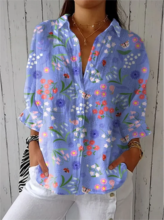 Vintage Hand Painted Floral Art Print Casual Linen V Neck Shirt