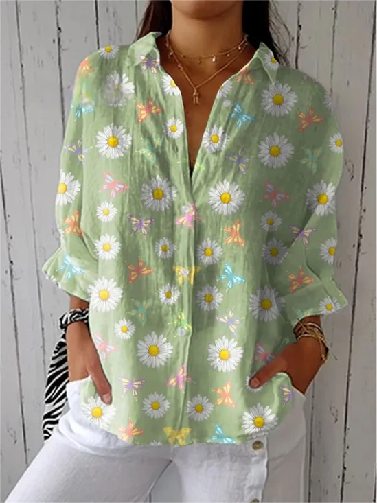 Vintage Hand Painted  Casual Linen V Neck Shirt