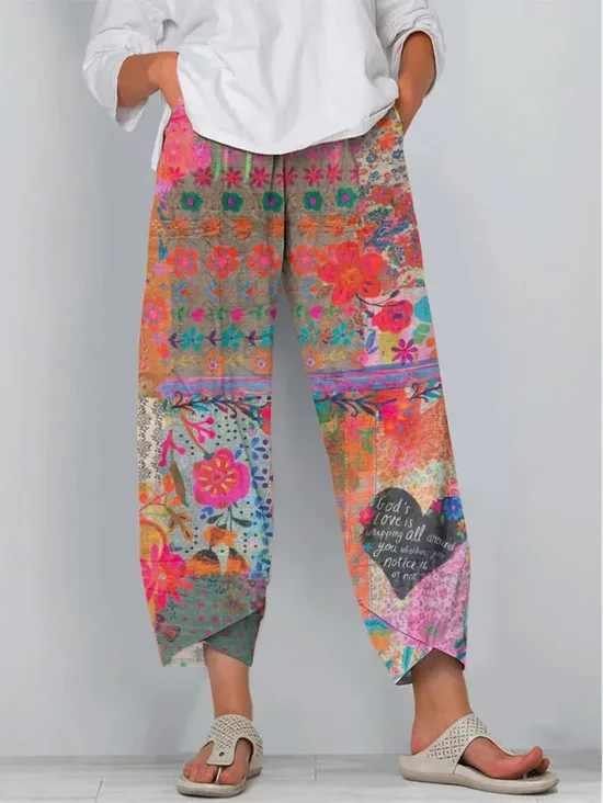 Vintage Floral Art Cropped Casual Pants