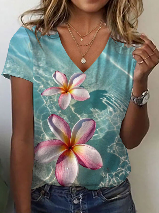 Women's Floral Print Casual V-Neck Short Sleeve T-Shirt