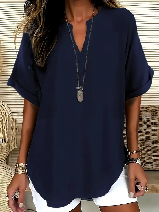 Loose Shawl Collar Cotton Simple Blouse