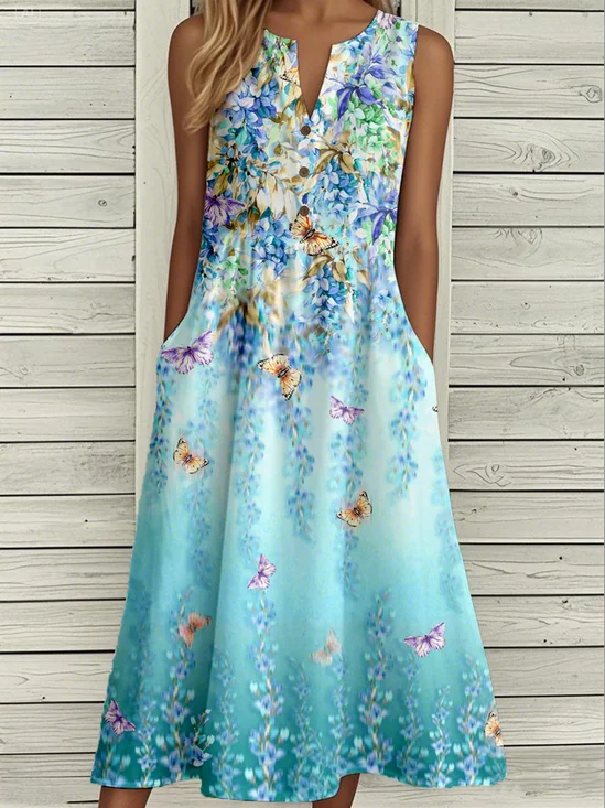Casual Loose Butterfly Notched Dress With No