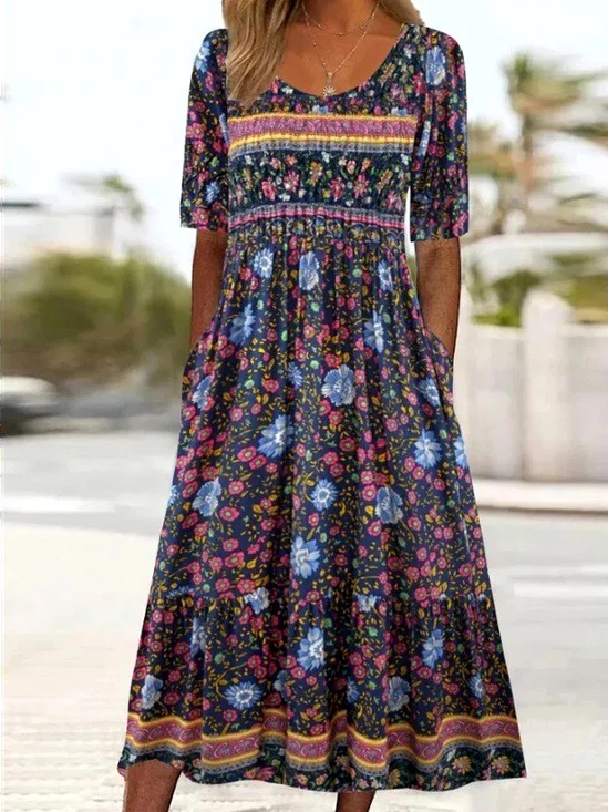 Regular Fit Cotton Crew Neck Boho Dress With No