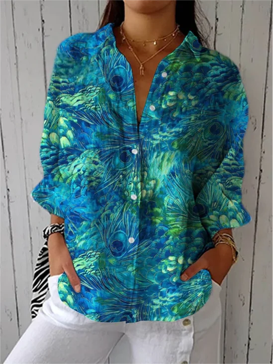 Vintage Hand Painted Floral Art Print Casual Linen V Neck Shirt