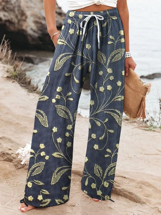 Women's  H-Line Baggy Pants Daily Going Out Pants Purplish blue Casual Printing Floral Spring/Fall Pants